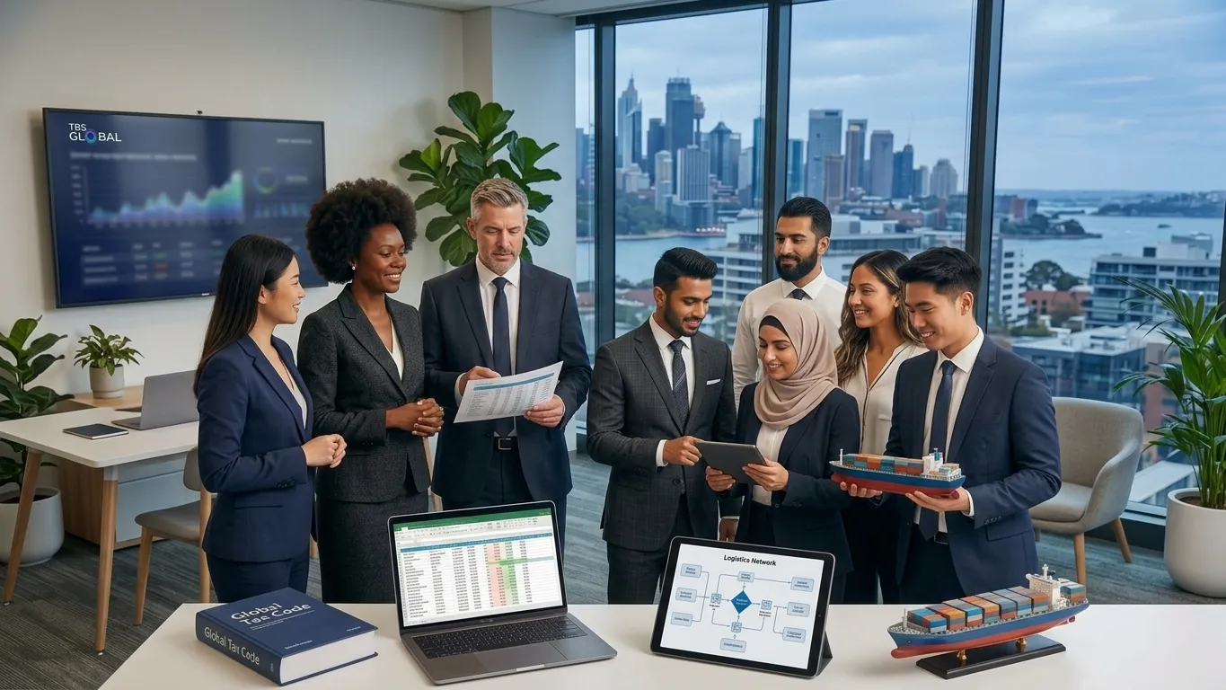 The TBS Global team reviewing tax, accounting, and logistics work together in the office